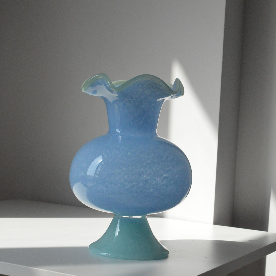 Handblown Ruffled-Rim Bulb-on-Pedestal Art Glass Vase Kalsten