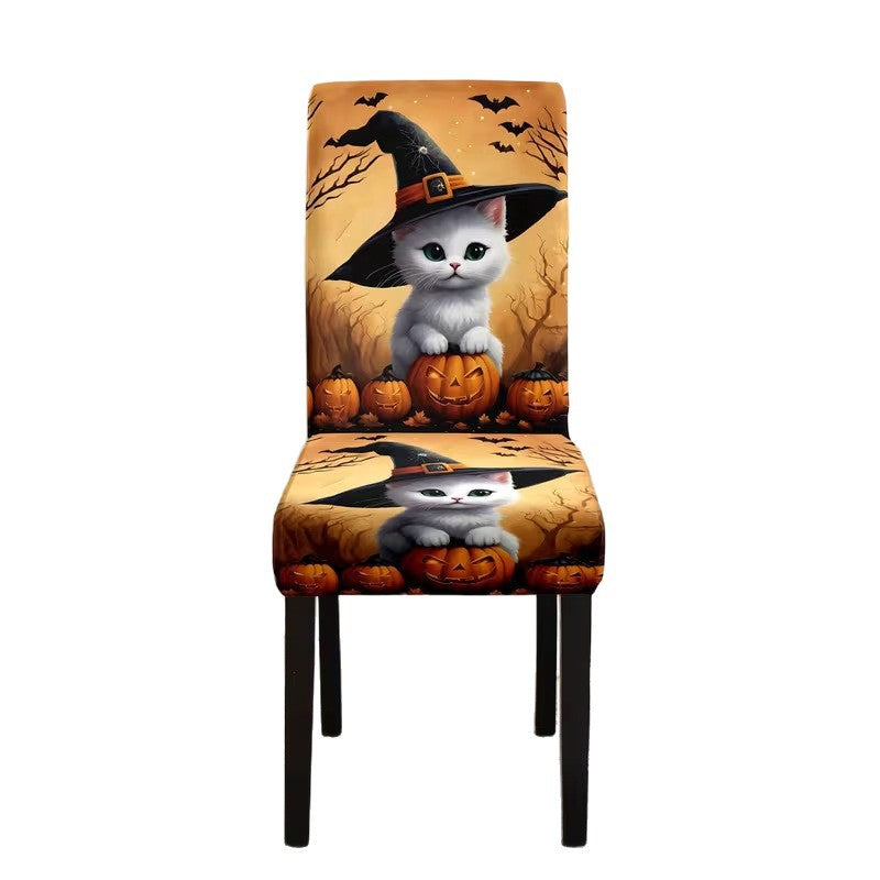 Elastic chair cover with Halloween castle and witch motif, stretchable chair cover for backrest and seat
