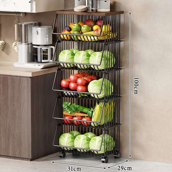 Vertical Five-Tier Rolling Kitchen Produce Storage Cart with Wooden Top and Pull-Out Wire Baskets
