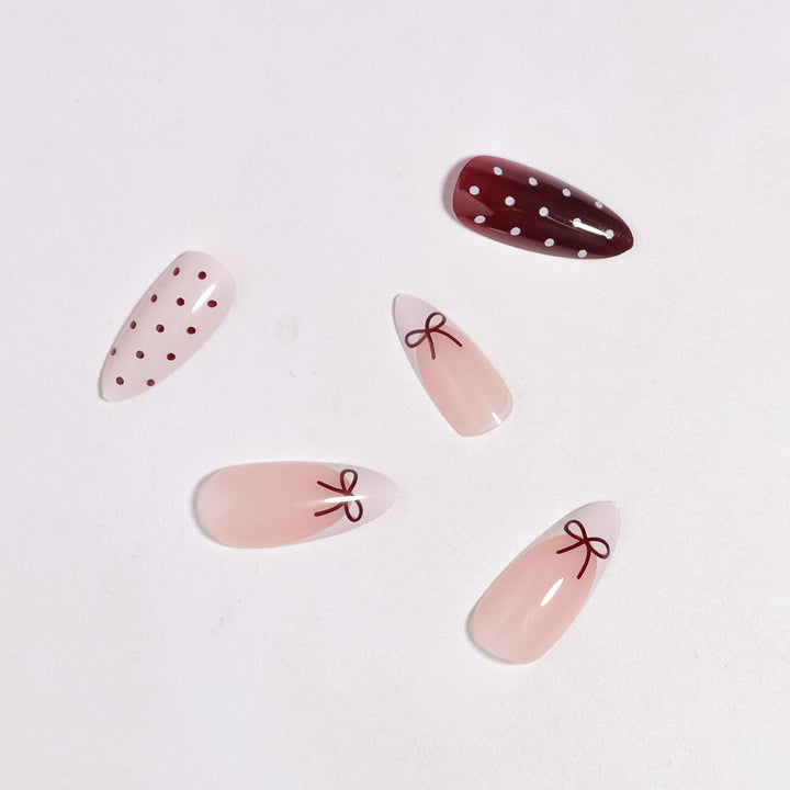 Artistic Press-On Nail Set with Bow and Dot Design Kalsten