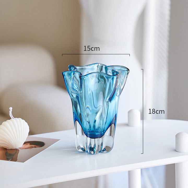 Handblown Ribbed Petal-Rim Decorative Glass Centerpiece Vase Kalsten