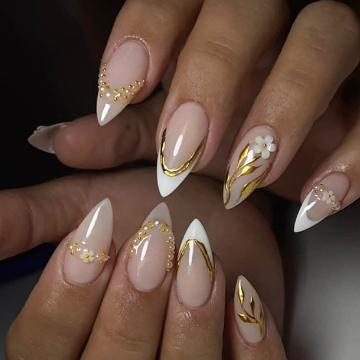 Elegant Decorative Press-On Nail Set with Floral Accents kalsten