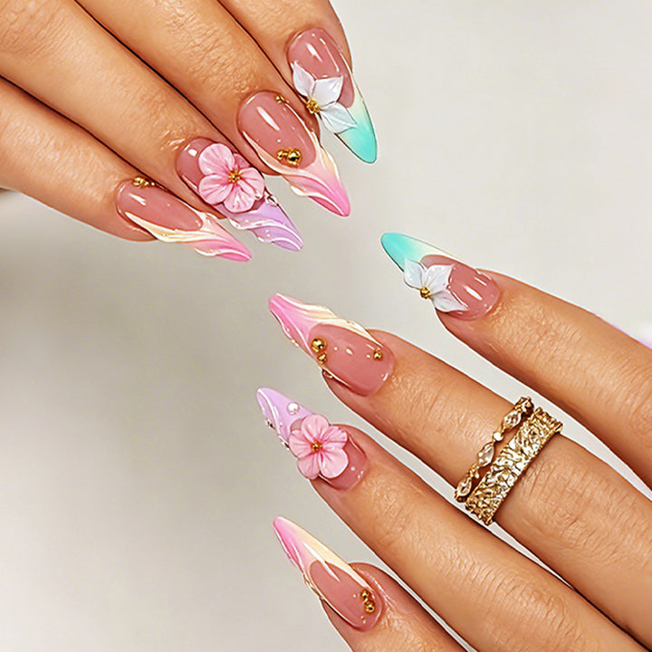 Elegant Artistic Press-On Nail Set with Floral Designs kalsten