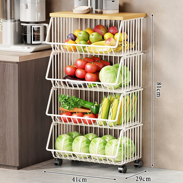 Slim Vertical Rolling Wire Produce and Pantry Organizer Cart with Wood Top