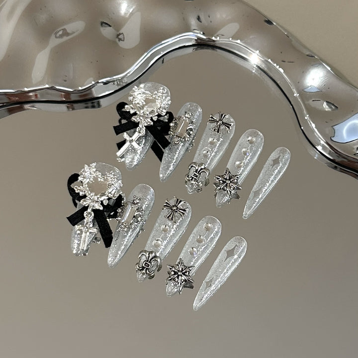 Decorative Press-On Nail Art Set with Gemstone and Rhinestone Accents