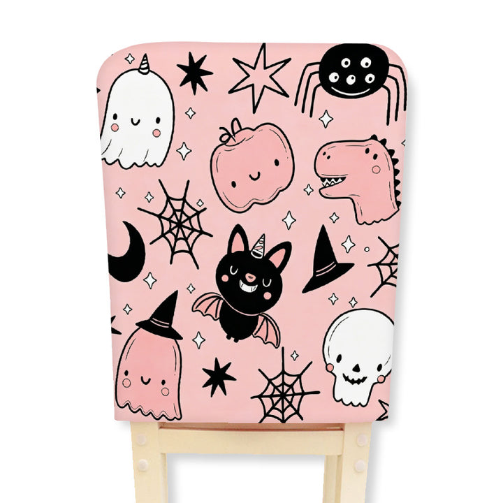 Padded chair back cover with Halloween illustration and spider web design
