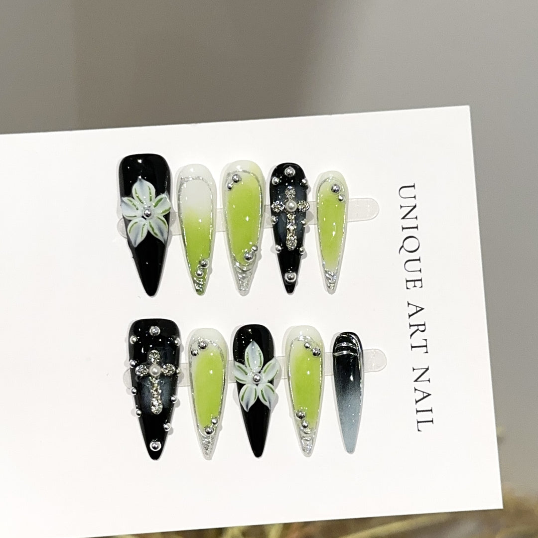 Artistic Floral and Gemstone Press-On Nail Set