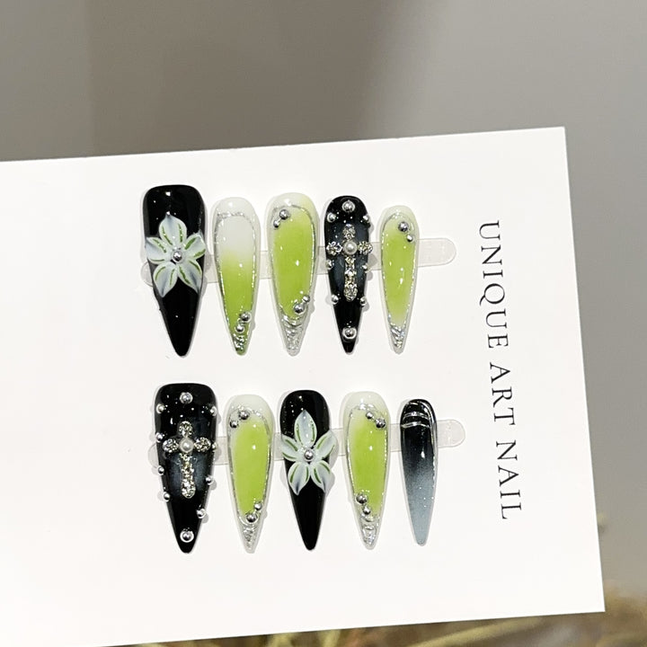 Artistic Floral and Gemstone Press-On Nail Set