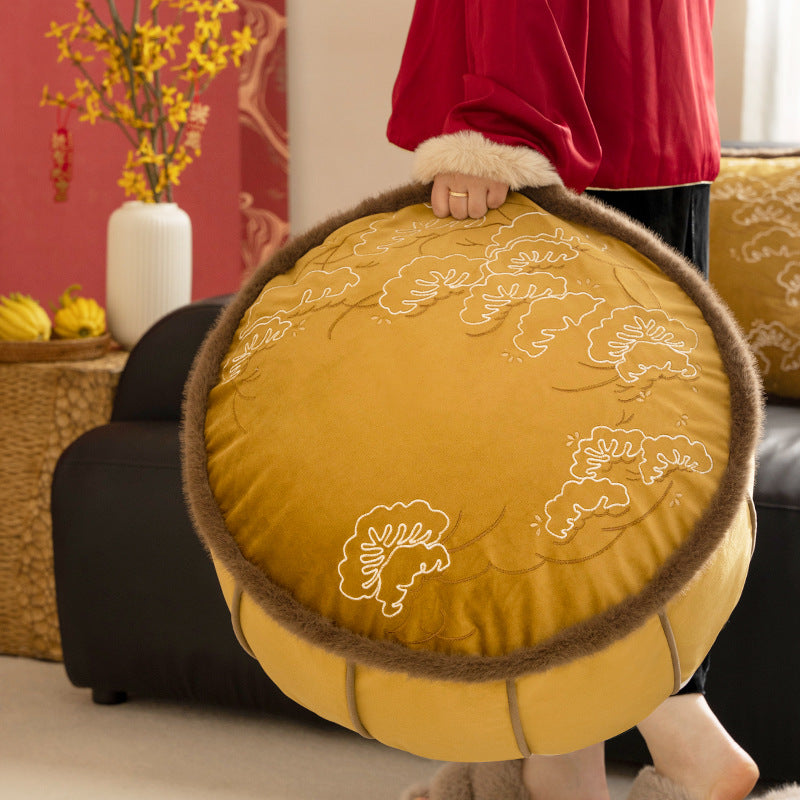 Round padded floor seat pouf with embroidered top and faux fur trim Kalsten