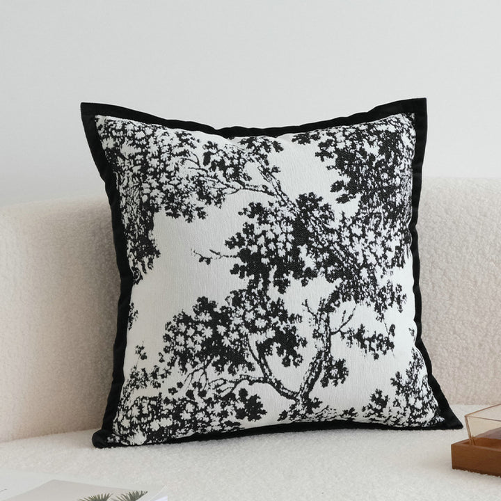 Square jacquard cushion cover with monochrome tree motif and contrasting piping Kalsten