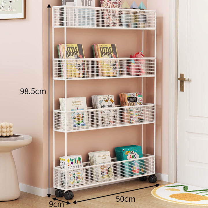 Industrial Metal Mesh Four-Tier Narrow Bookshelf Organizer