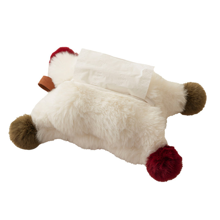 Plush tissue box cover made of faux fur with colorful pom-pom corners Kalsten