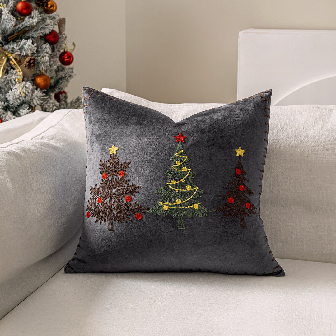 Velvet Embroidered Festive Accent Pillow Cover with Metallic Script