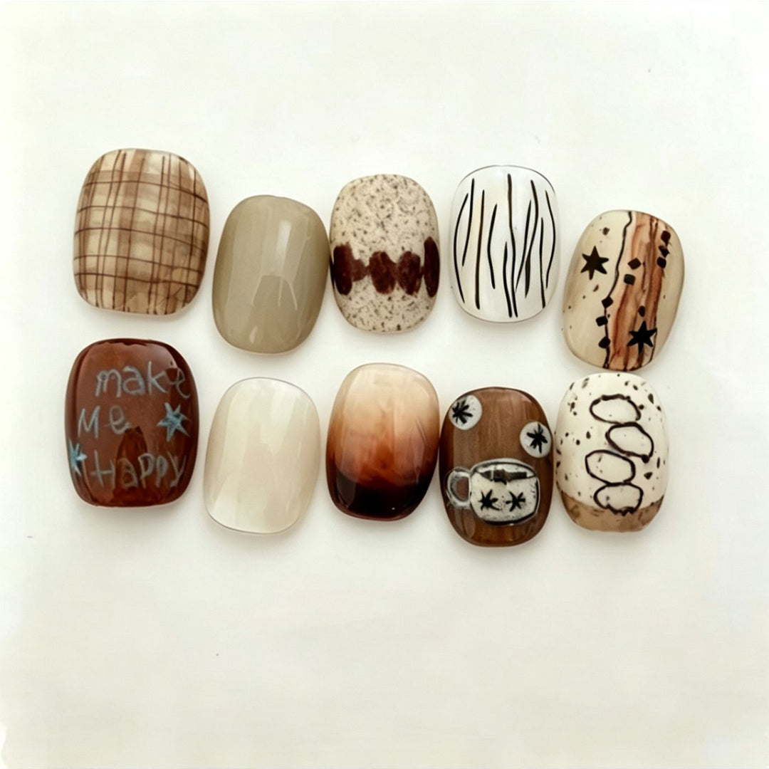 Artistic Coffee-Inspired Press-On Nail Art Set Kalsten