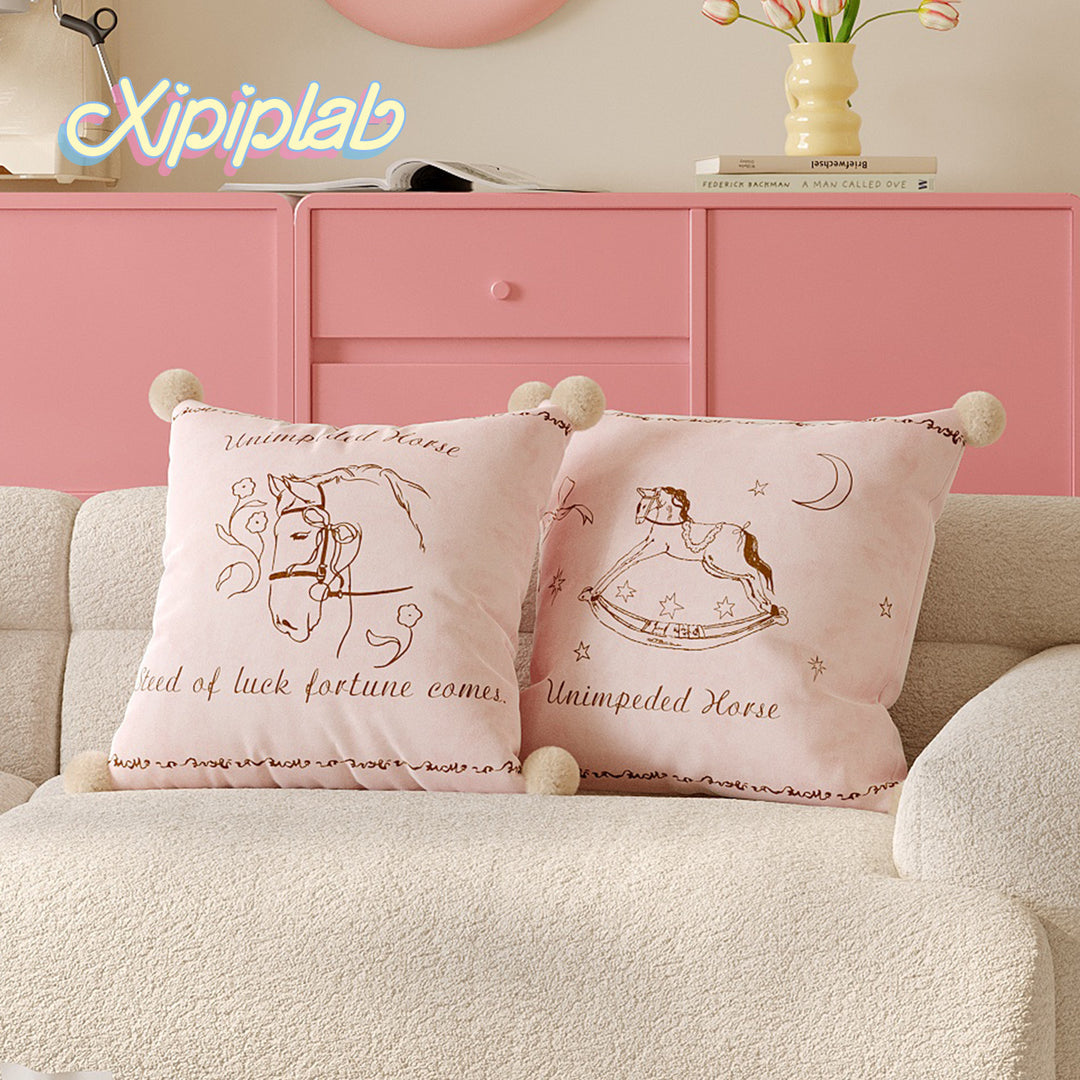 Velvet Pom-Pom Corner Decorative Throw Pillow Cover with Hand-Drawn Rocking Horse Motif