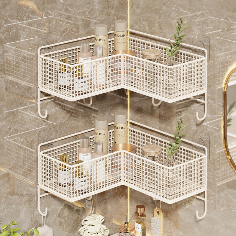 Corner Suction-Mounted Mesh Vanity Organizer with Dual Floating Baskets and Hook Rack