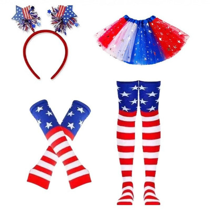 Women's nan patriotic tulle layered mini skirt headband arm sleeves and thigh high socks set Kalsten