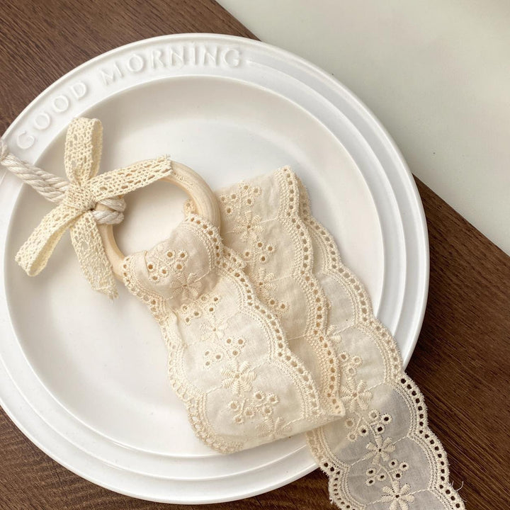 Wooden Elephant Teether with Organic Lace Sensory Ribbon