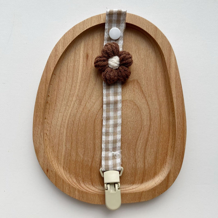 Crocheted Flower Pacifier and Teether Clip with Organic Cotton Strap