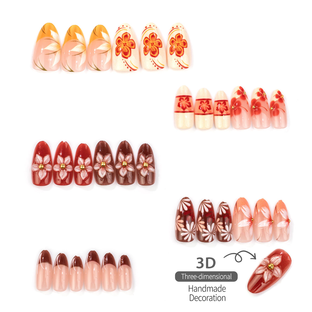 Floral Autumn-Themed Press-On Nail Art Set