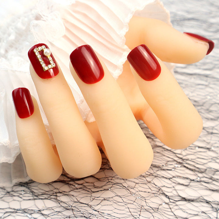 Elegant Red Press-On Nail Set with Pearl and Rhinestone Accents