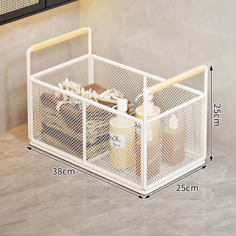 Mesh Metal Storage Organizer Basket with Wooden Grip Handles