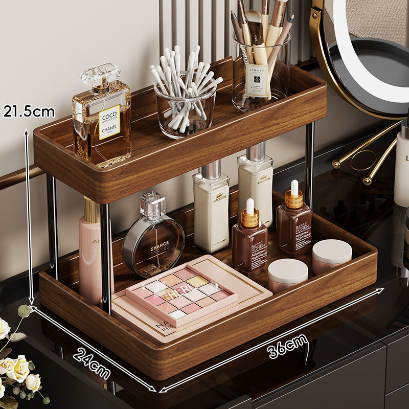 Two-Tier Wooden Vanity Countertop Organizer with Metal Pillars