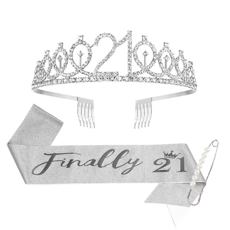 Women Crystal-Embellished Birthday Crown with Personalized Sash Kalsten