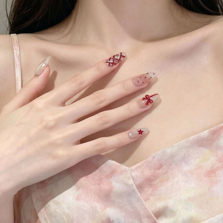 Romantic Themed Press-On Nail Set with Heart and Bow Accents Kalsten