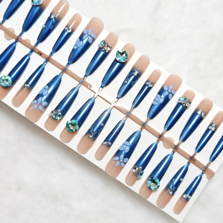 Elegant artificial nails with floral applications and glitter elements Kalsten