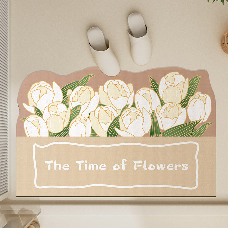 Absorbent Non-Slip Entrance Doormat with Tulip Illustration and 'The Time of Flowers' Typography