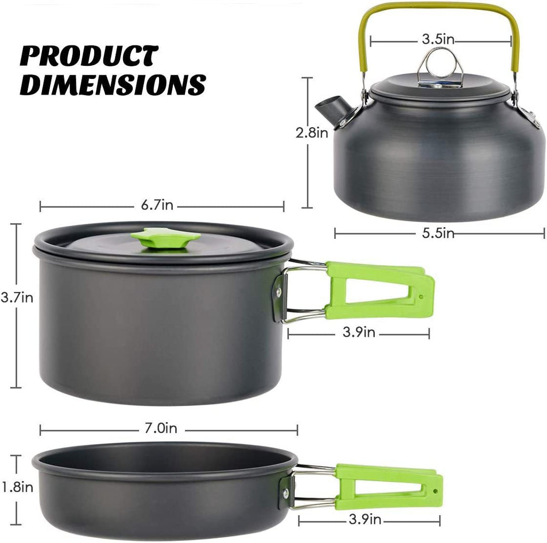 lightweight non-stick camping cookware set with folding handles kettle pot pan utensils and mesh carry bag Kalsten
