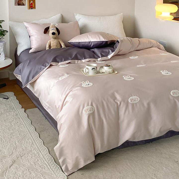 Reversible cotton satin duvet cover set with embroidered sheep and tree appliqués