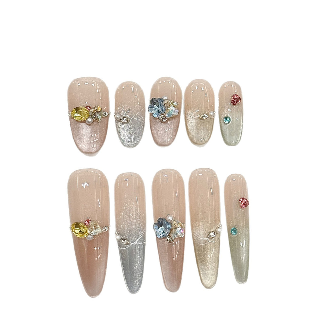 Artistic Press-On Nail Set with Gem Embellishments