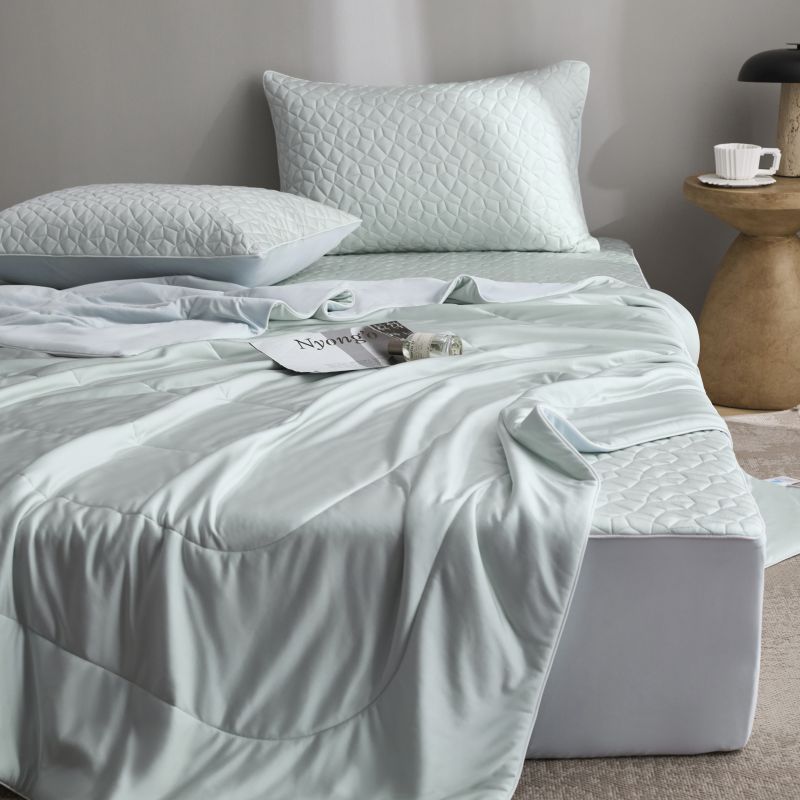 Quilted bedding set with reversible satin blanket and mattress protector