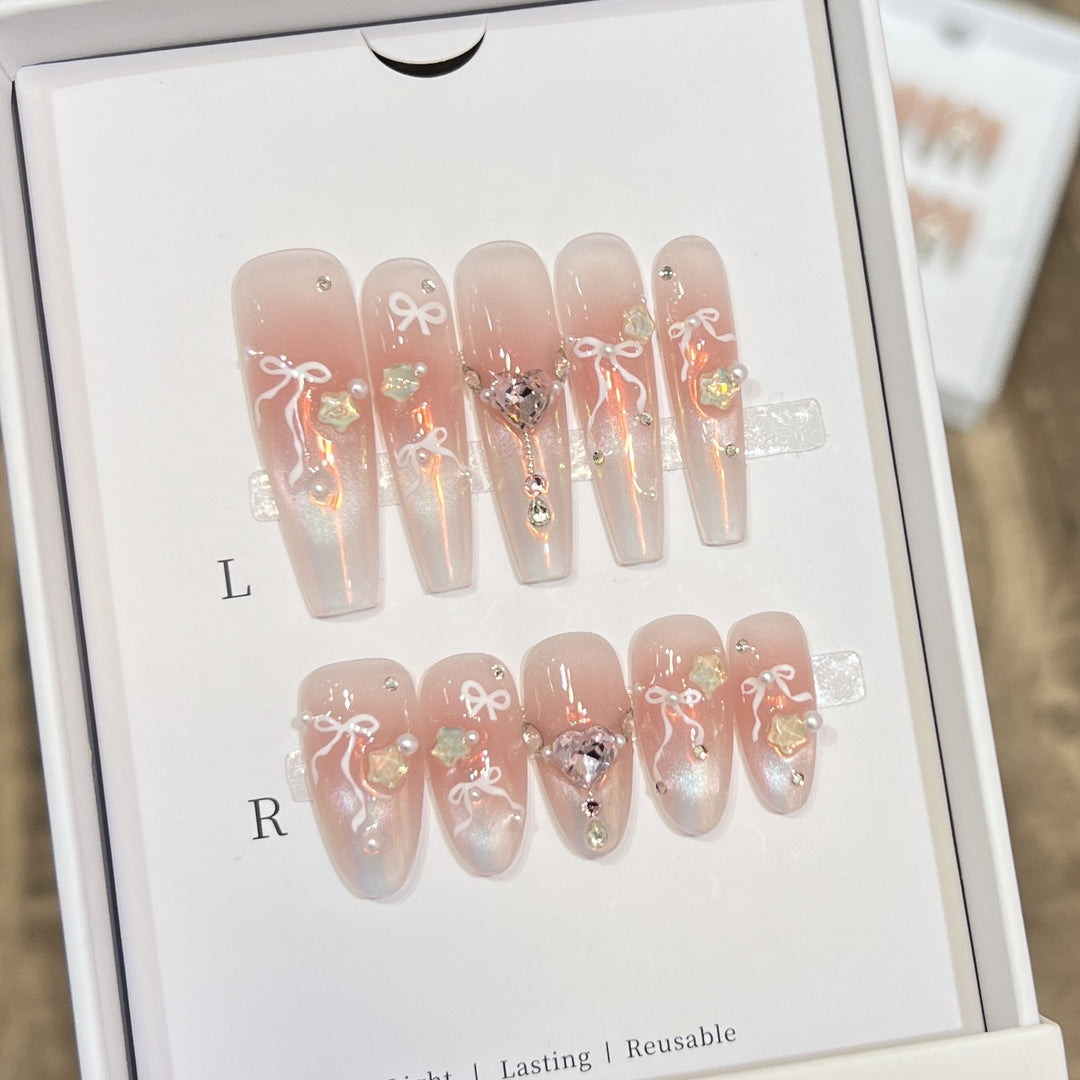 Elegant Press-On Nail Art Set with Chic Ribbon and Gem Accents Kalsten