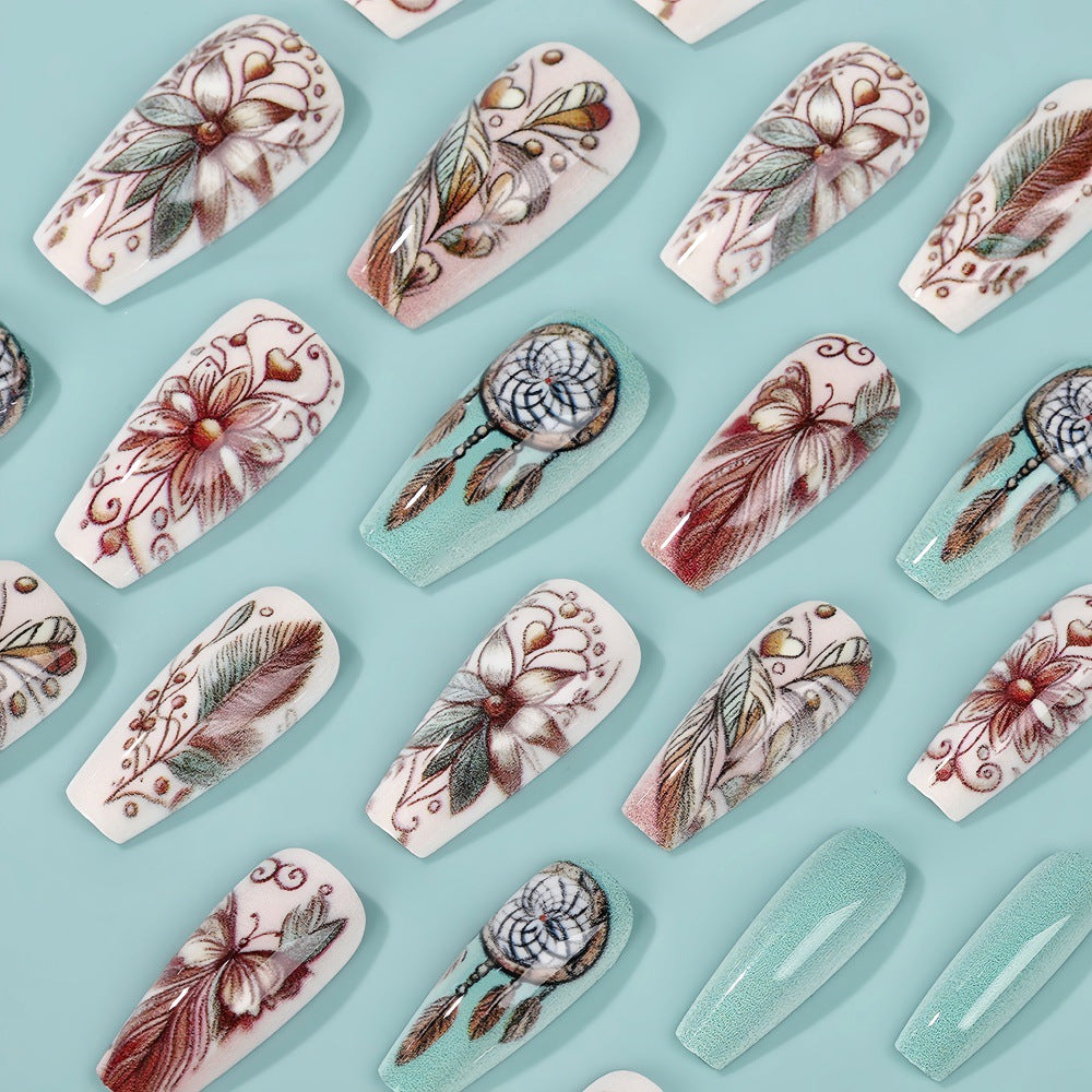 Artificial nails with floral patterns and dreamcatcher motif Kalsten
