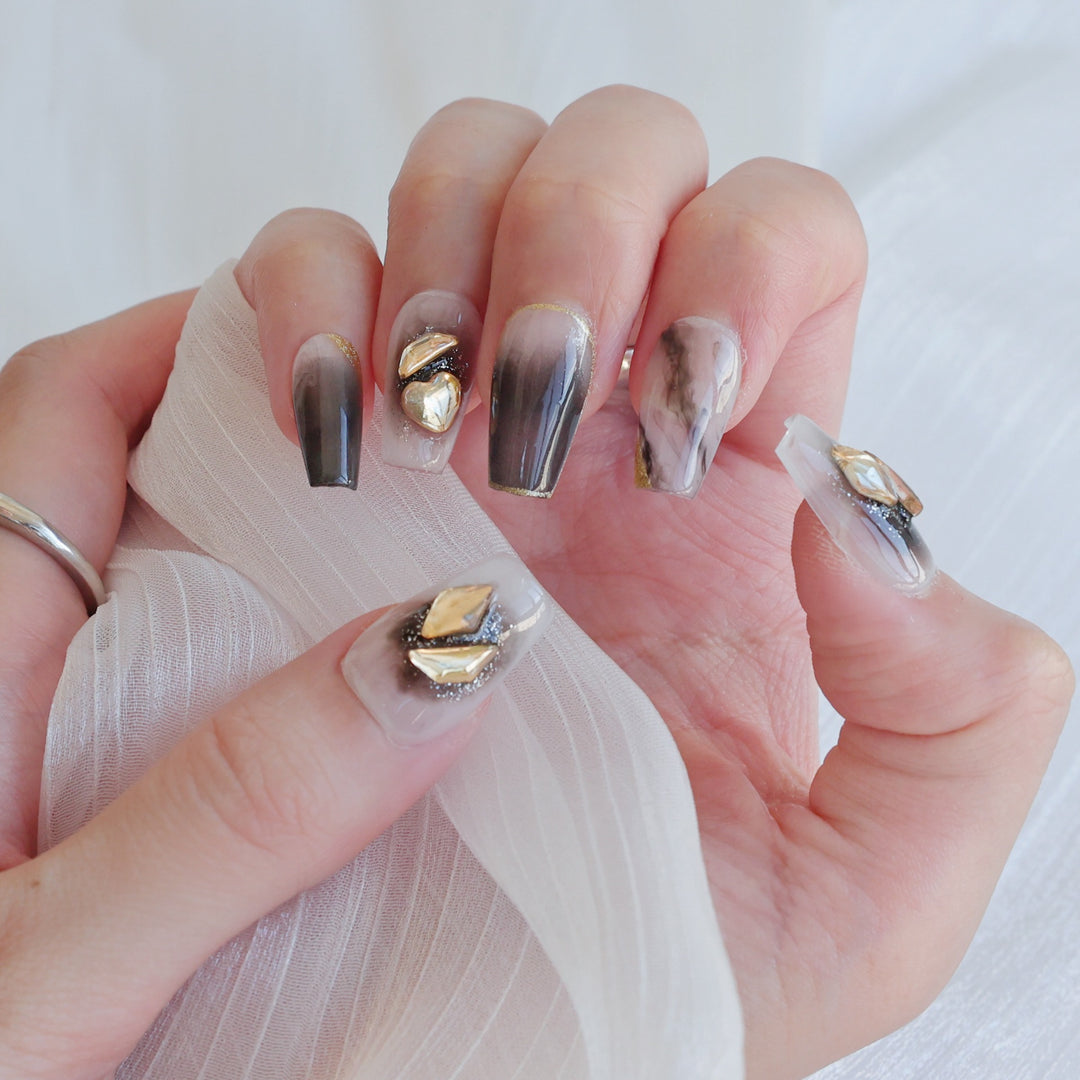 Artistic Press-On Nail Art Set with Heart and Celestial Designs