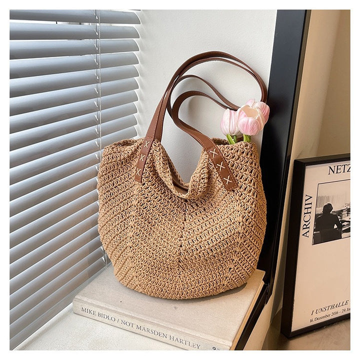 Handmade Beach Bag Made of Natural Material with Decorative Leather Accents Kalsten
