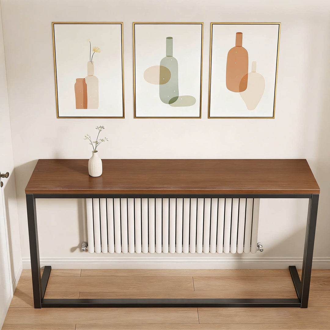 Slim Narrow Console Table with White Metal Frame and Wood-Grain Top
