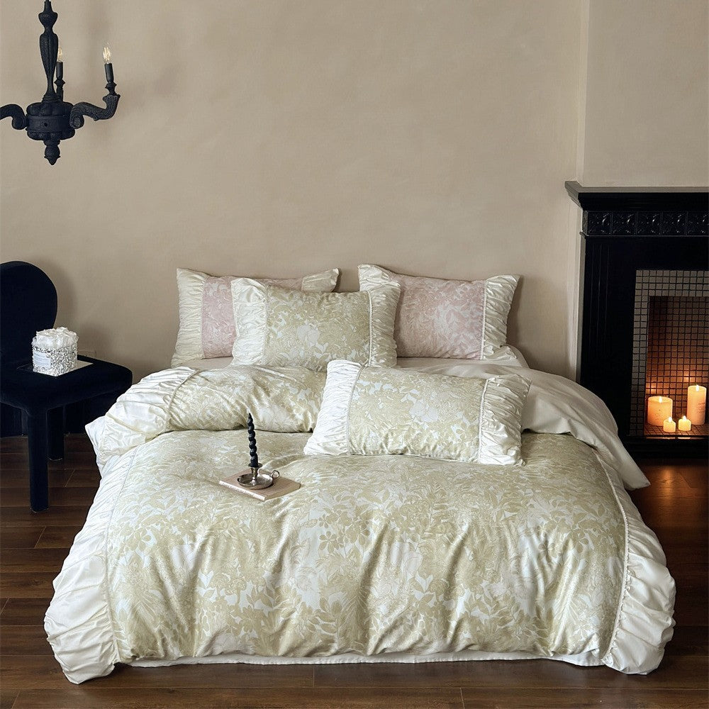 Luxurious jacquard bedding set with ruffled frill, satin trim, and decorative pillows