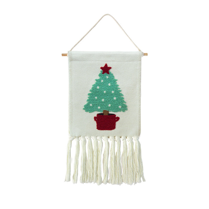 Woven cotton blend wall hanging with tufted cactus motif and cotton fringes Kalsten