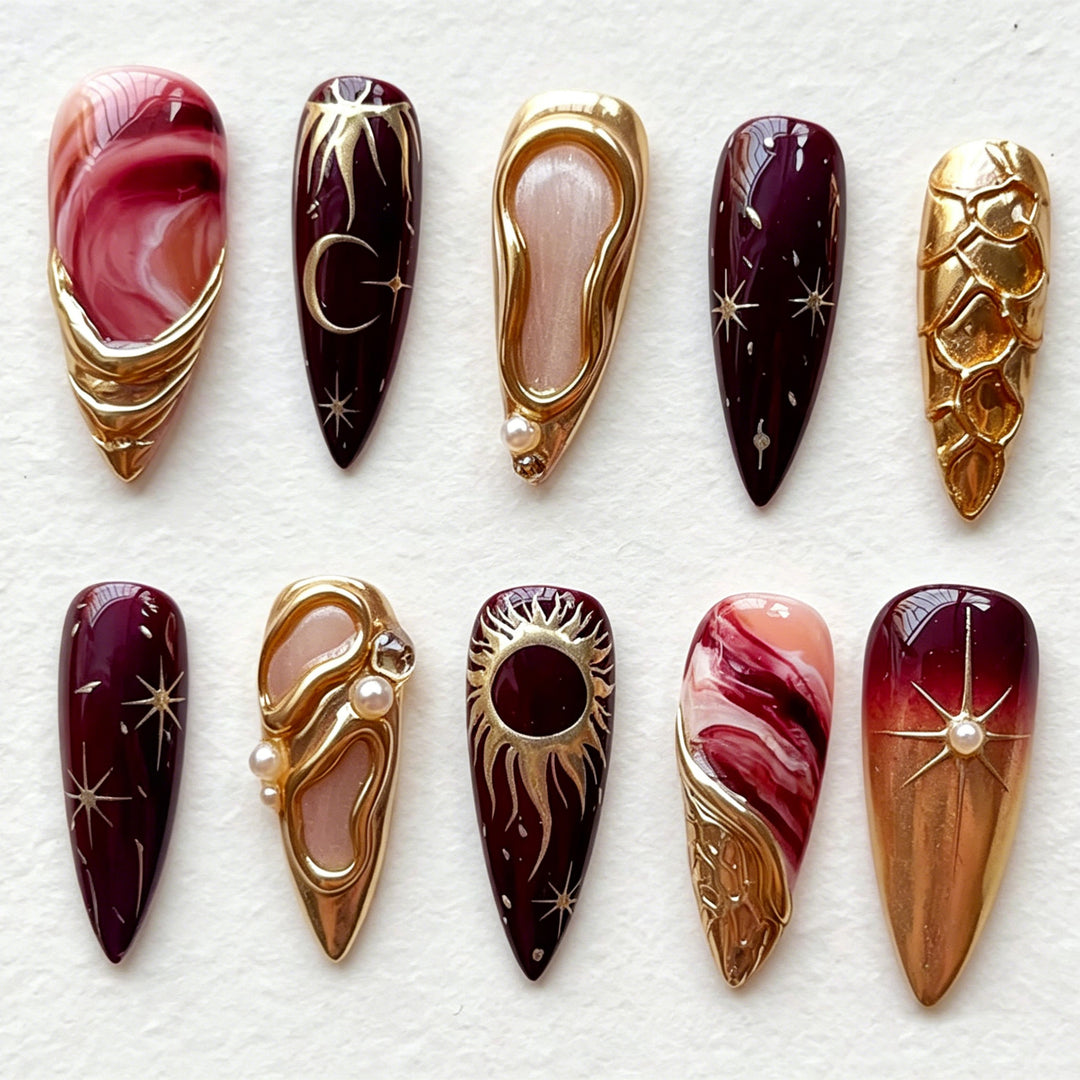 Artistic Press-On Nail Set with Metallic Accents
