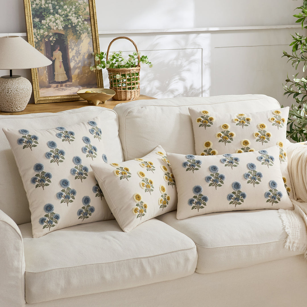 Tufted Floral Embroidered Decorative Throw Pillow Cover