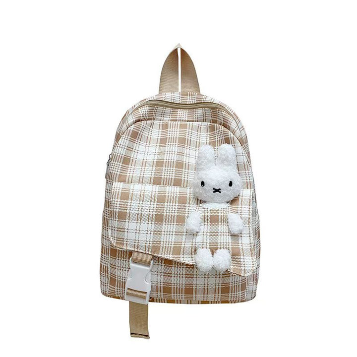 Backpack with Playful Checkered Pattern and Cute Plush Pendant Kalsten
