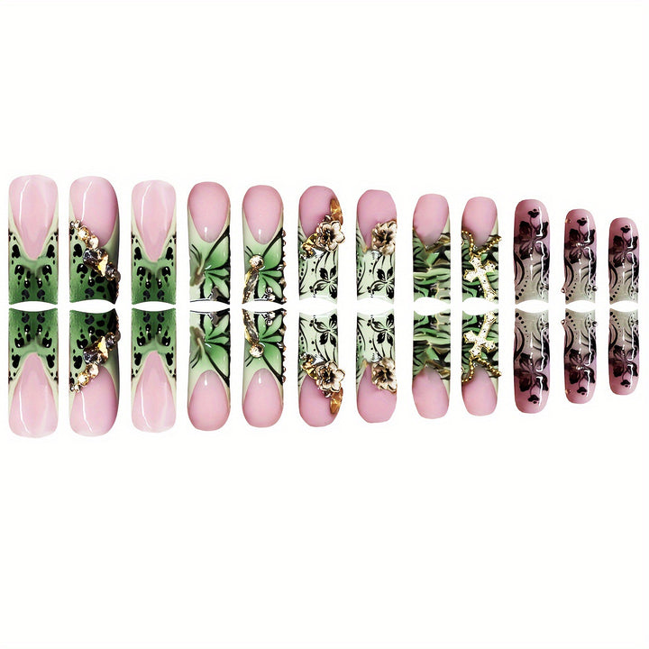 Decorative Floral Press-On Nails with Gem Accents Kalsten