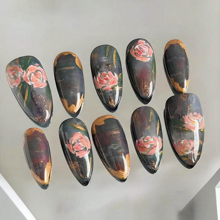 Artificial nails with romantic rose motifs and elegant gold rim Kalsten