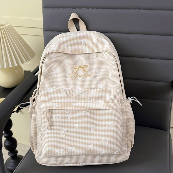 Charming Bow-Embellished Gingham Patterned Backpack Kalsten