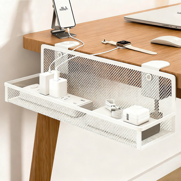Under-Desk Clamp-On Mesh Cable and Power Strip Organizer Basket