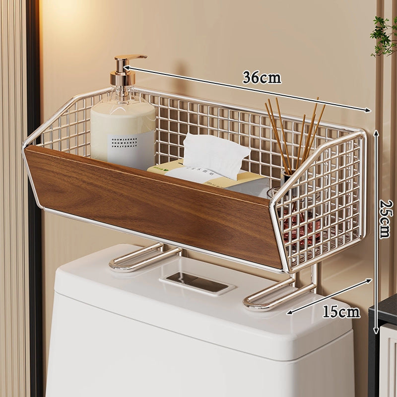Over-Toilet Wire Storage Basket with Wooden Front Panel